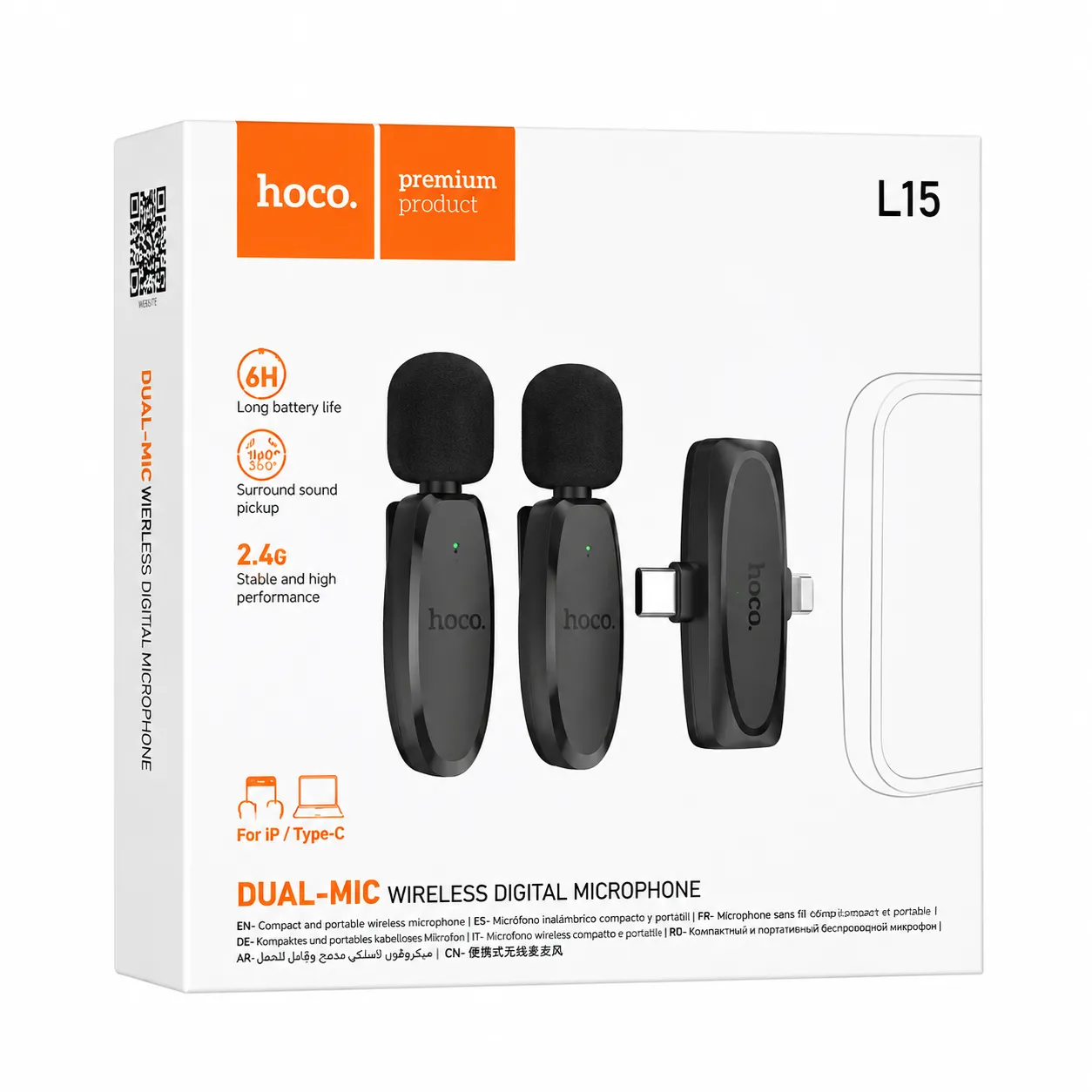 Hoco L15 Type C & Lightning Dual Mic Lavalier Wireless Microphone Black