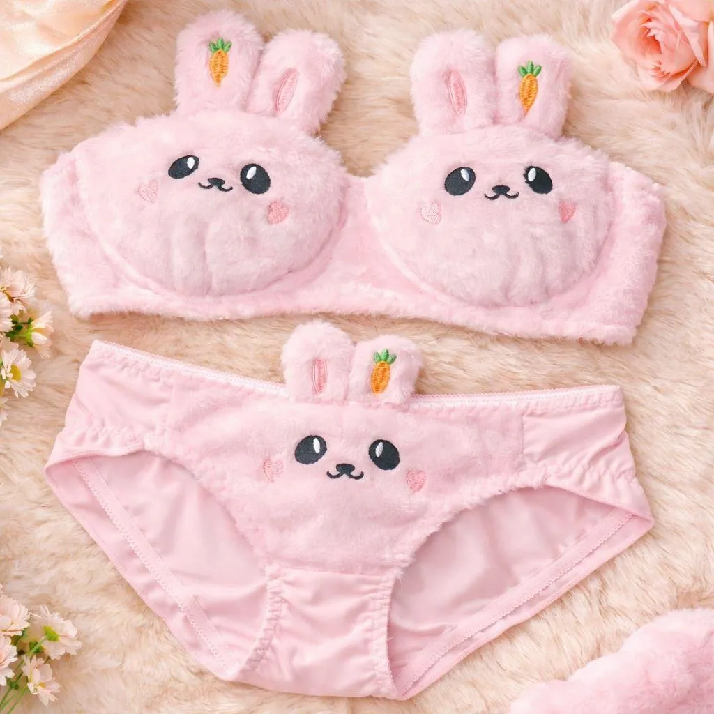 Imported Bunny Plush Rabbit Bra & Panty Set - Pink