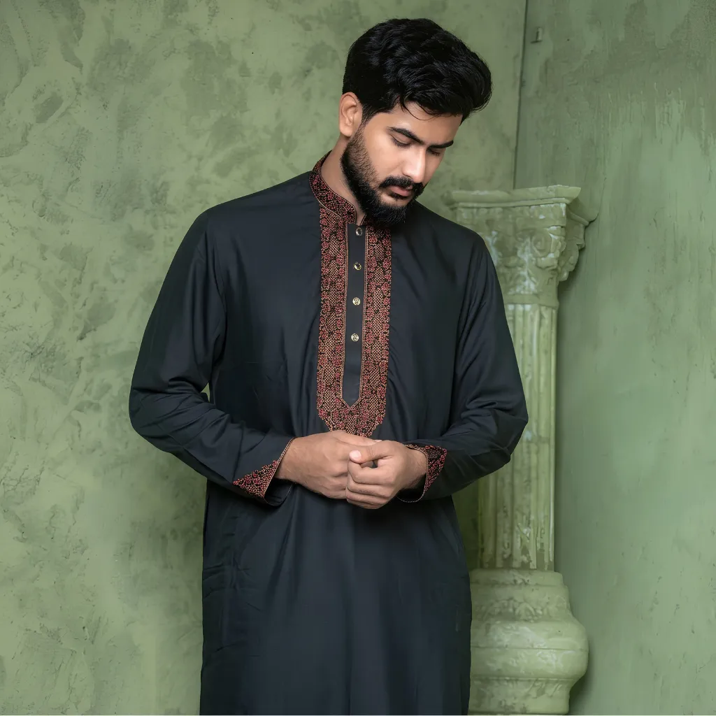 Signature Regal Hand Embroidered Panjabi- Black,Rust & Gold