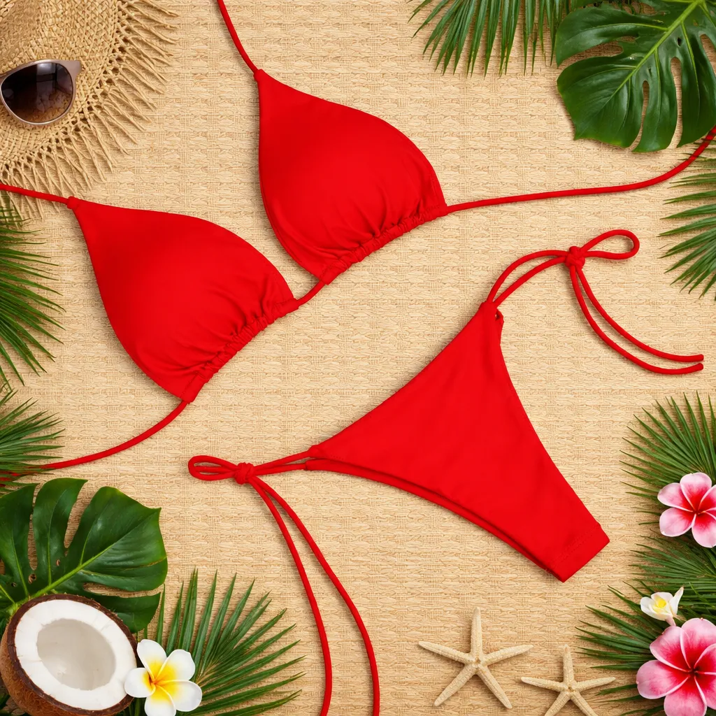 Premium Swimsuit Bikini Red Bra Panty Set lightweight slim Pad (China)