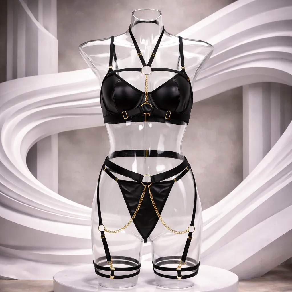 Women's Sexy Lingerie Bra Panty- Black Silver Chain