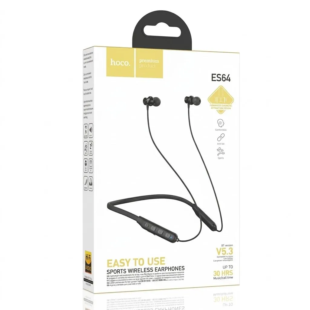 Hoco ES64 Ultra Premium Neckband: Bluetooth V5.3, magnetic earhooks, 30 hours battery life, clear call quality.
