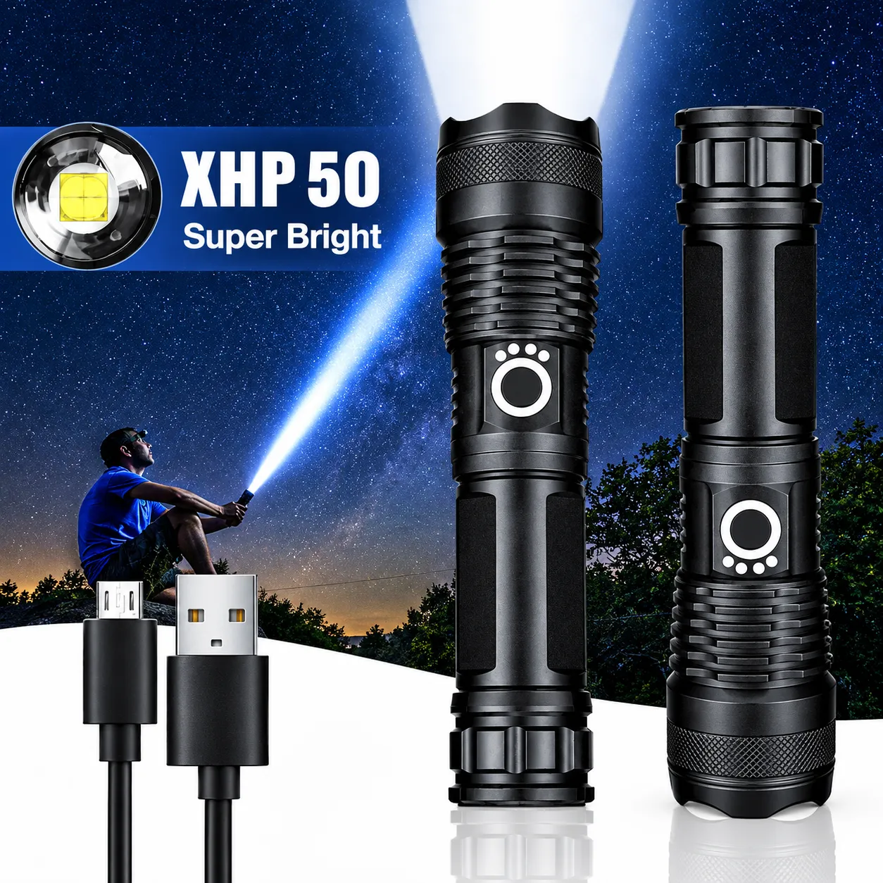 Rechargeable Zoom LED Flashlight USB Torch Light for Camping, Hiking, Outdoor Activities and Emergencies