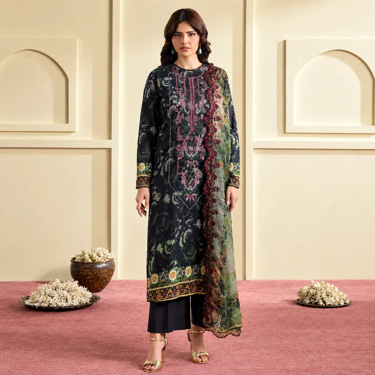 3-Piece Unstitched Embroidered Dress (Shirt, Trouser & Dupatta
