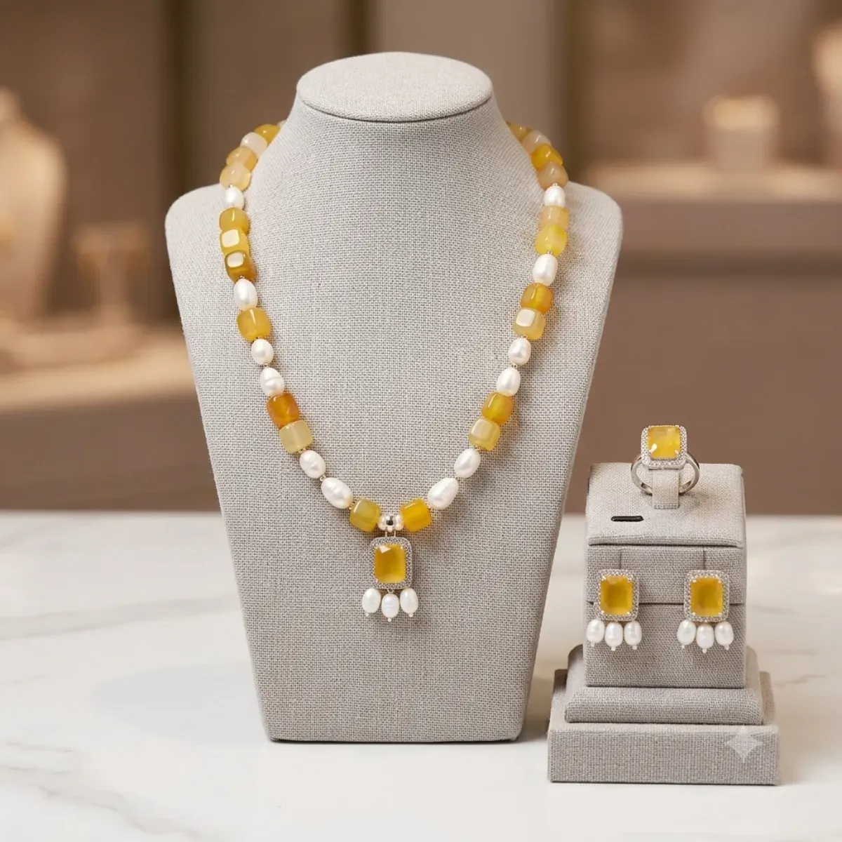 Original Pearl & Stone With Diamond Cut Locket Set