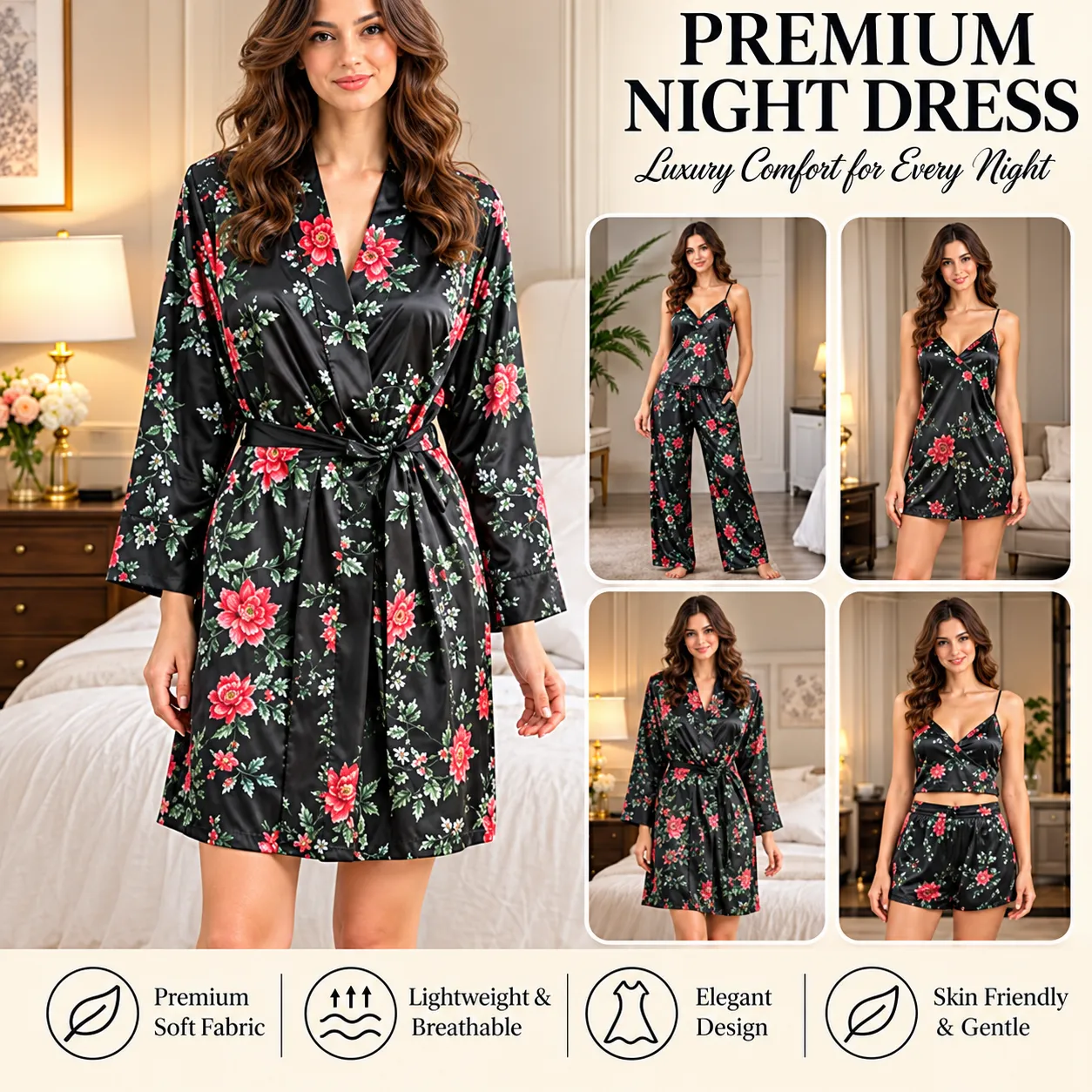 Luxurious Black Satin Silk 5 Piece Nightwear Set