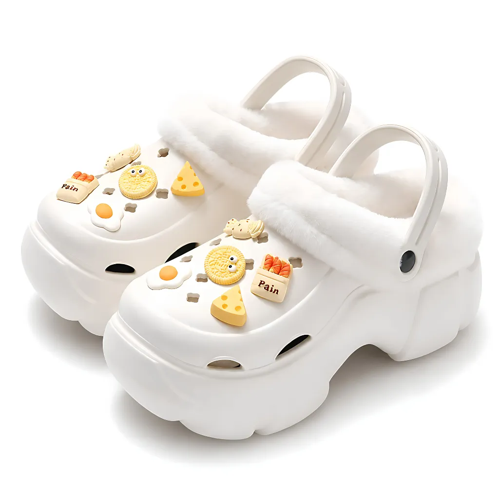 White Winter Fleece Lined Clogs for Women - Yellow
