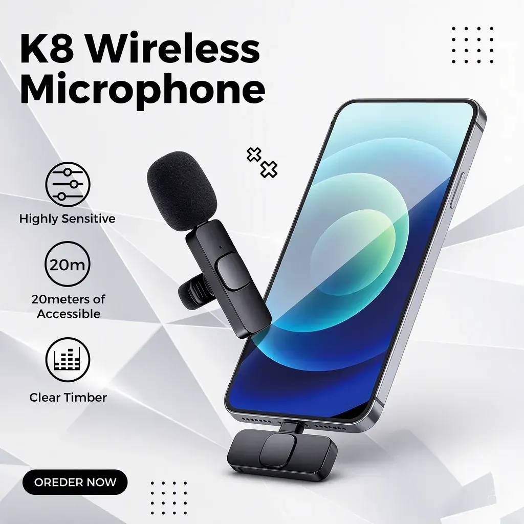 K8 Wireless Microphone with Clear Sound, Noise Reduction, 20M Range and Easy Clip-On Design for Phones, Videos and Calls