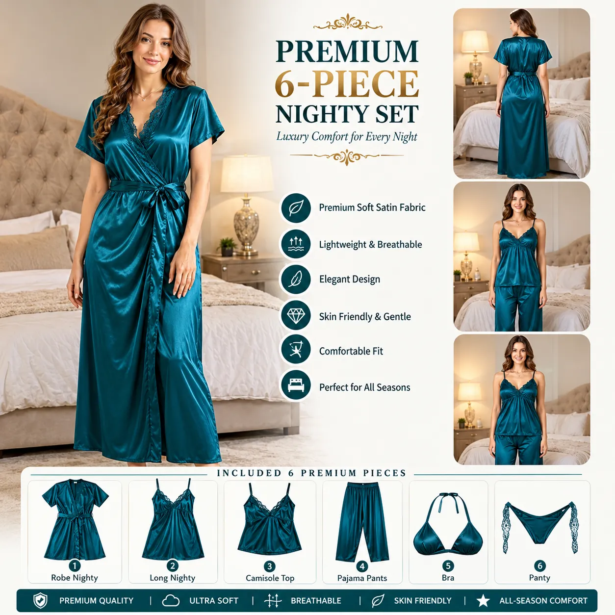 Luxurious 6 Piece Nighty Set Moonstone Blue