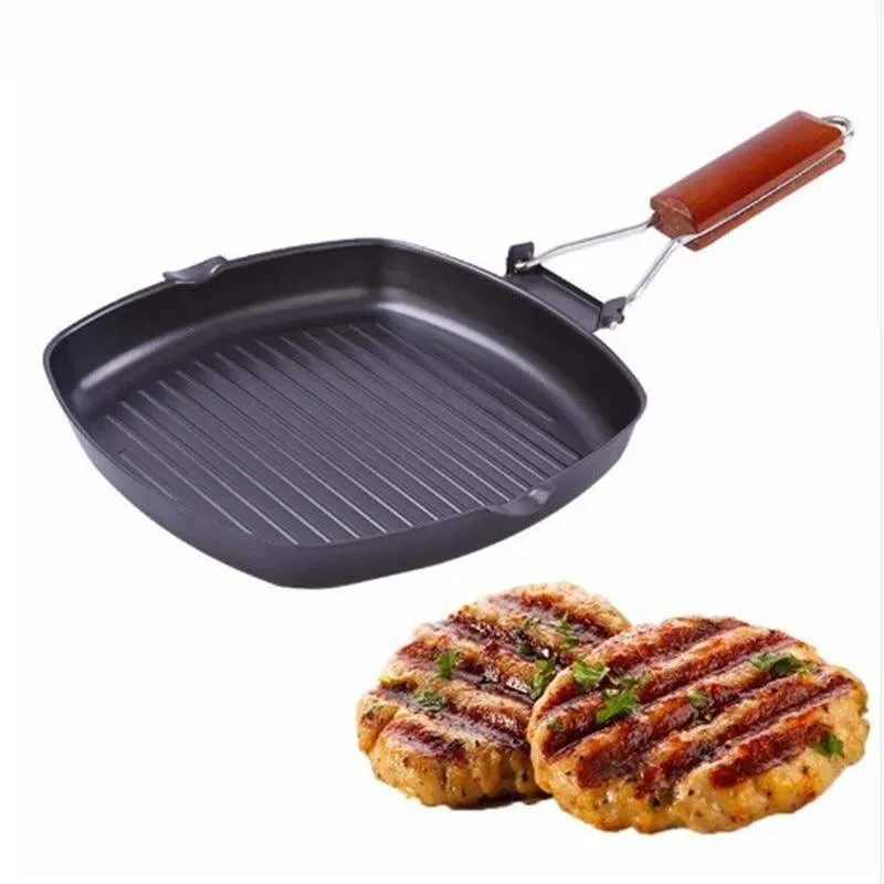 Steak Frying Pan Cast Iron Steak Grill Pans Non-Stick Frying Pan Wooden Handle
