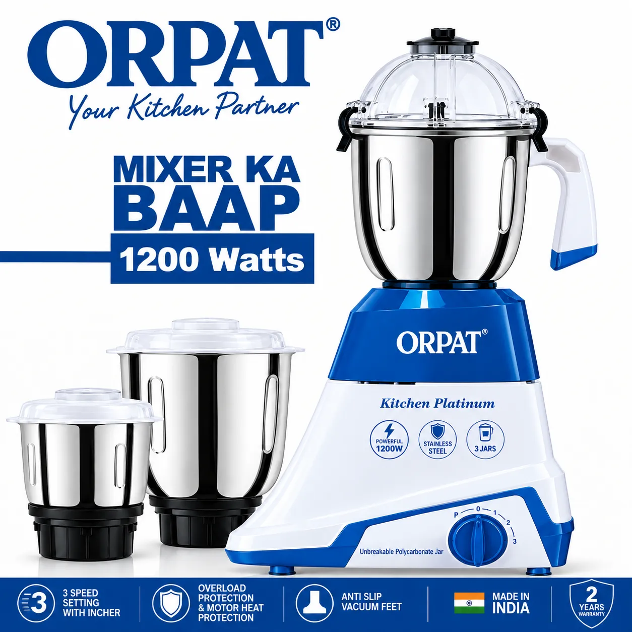 Orpat Kitchen Platinum 1200-Watt Mixer Grinder & Blender