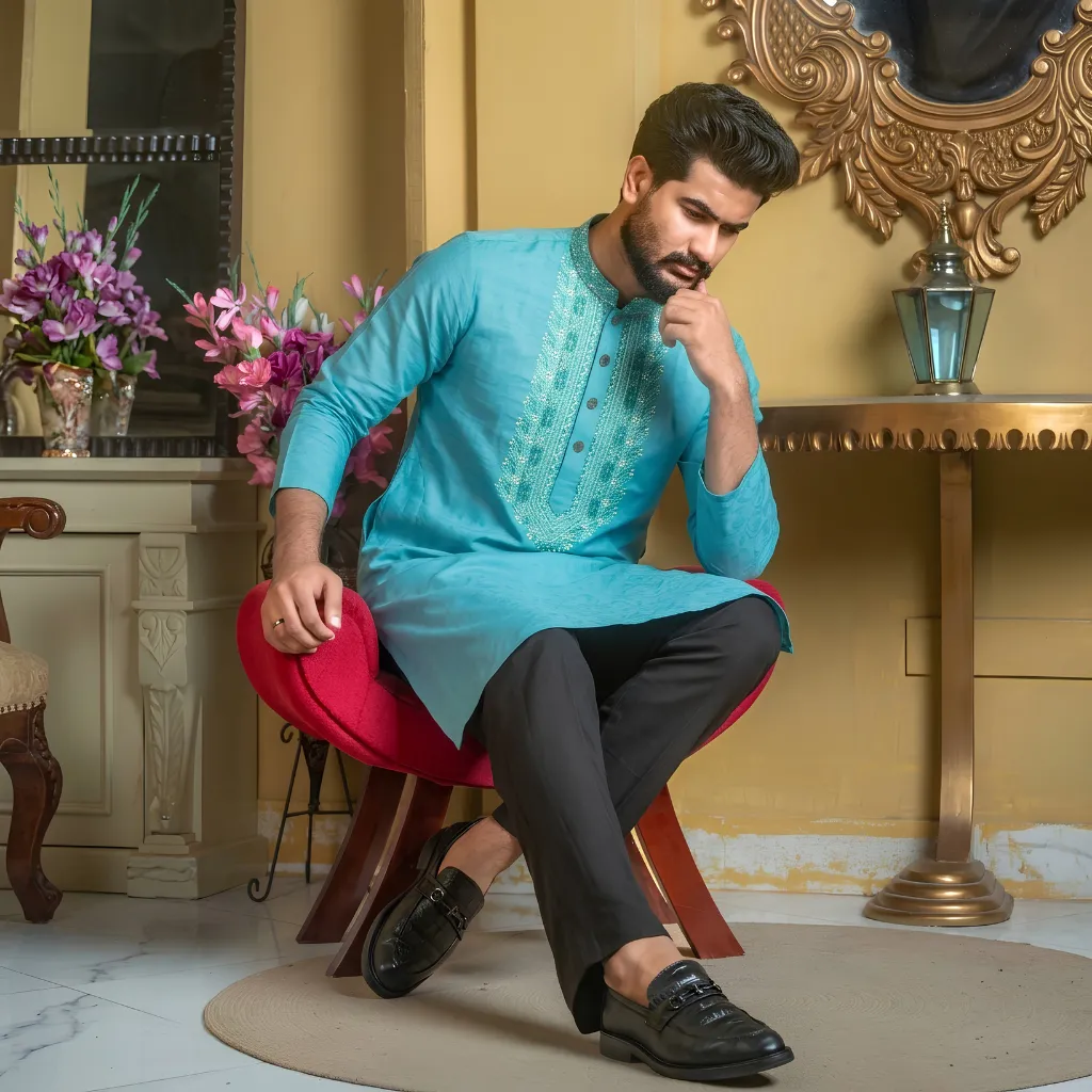 Signature Hand Embroidery Panjabi for Men - Cyan