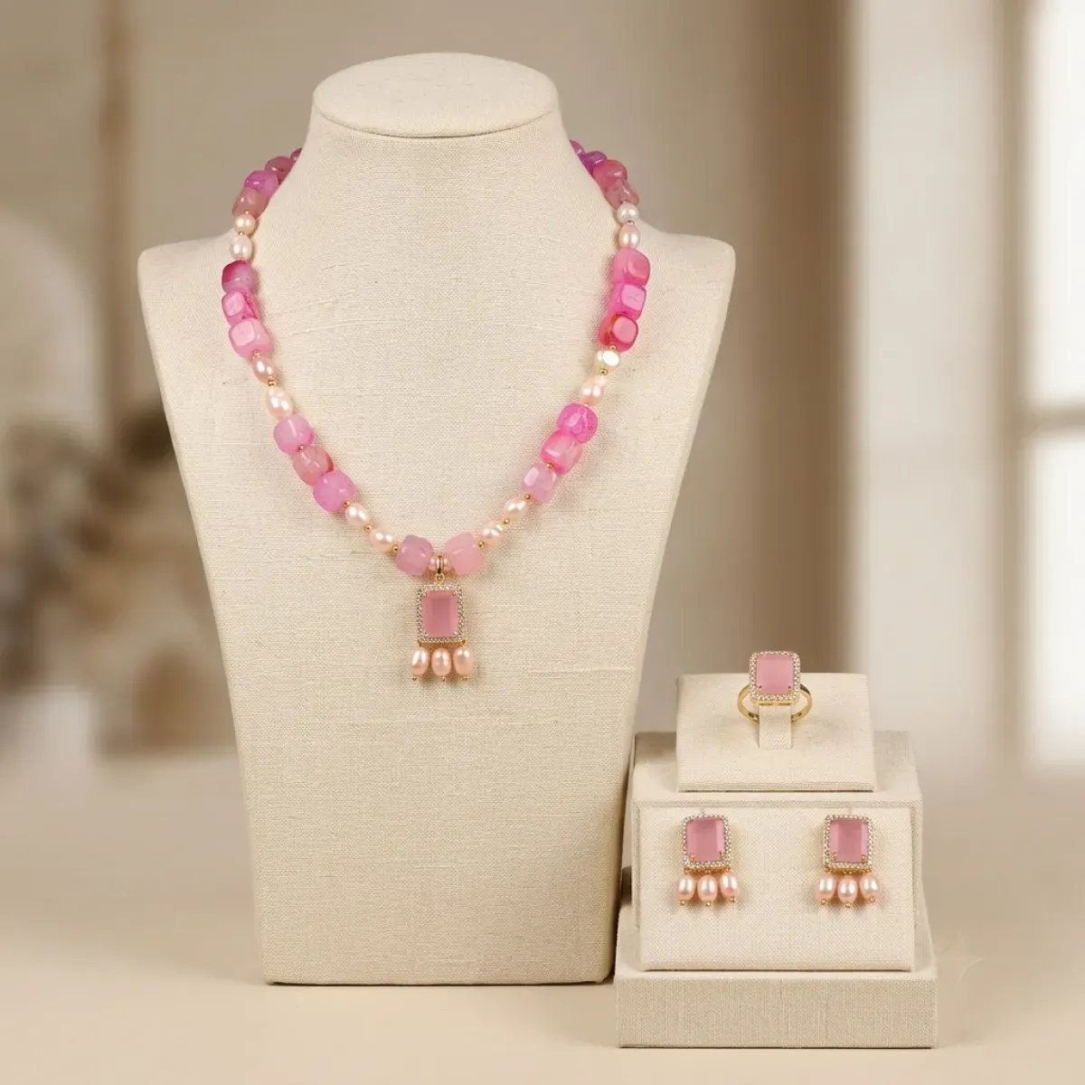 Original Pearl & Stone With Diamond Cut Set