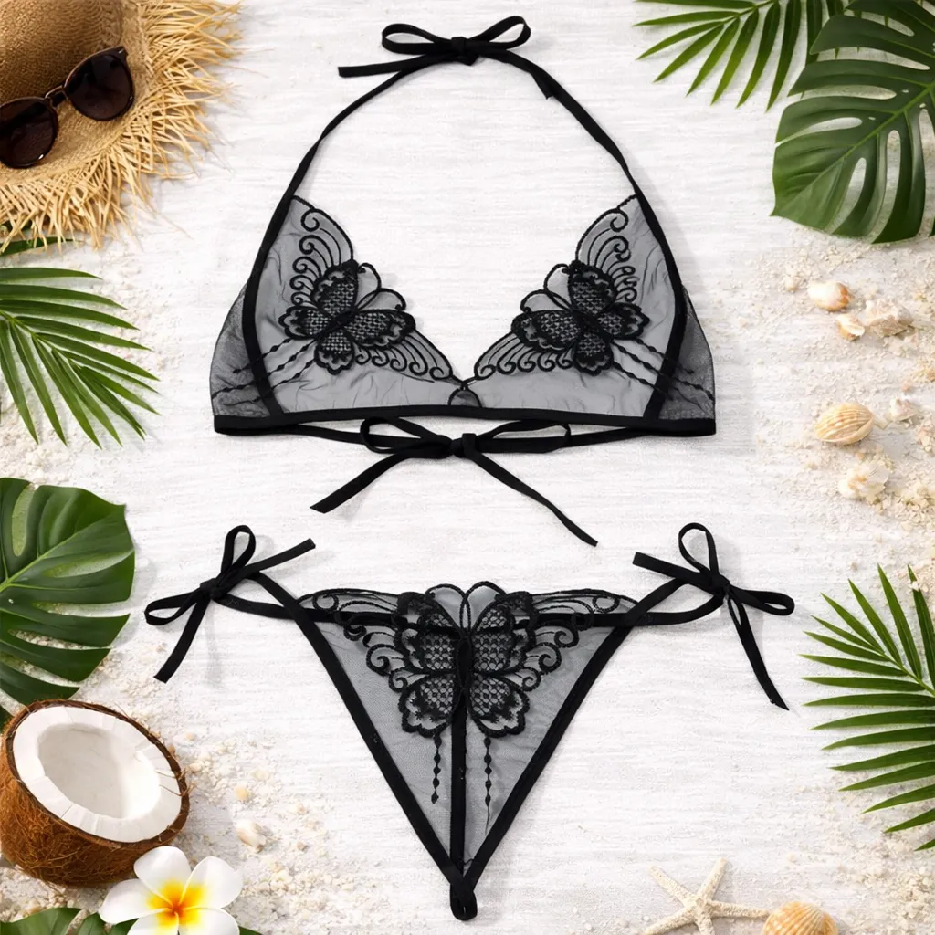 Butterfly Design C03 Black Transparent Bra Panty Set for Women & Girls'