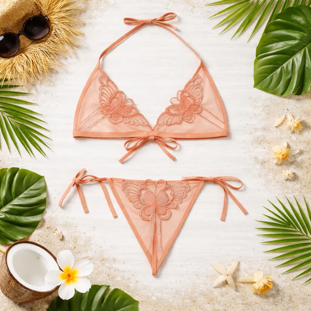 Imported C03 Butterfly Design Transparent Bra Panty Set - Peach (China)