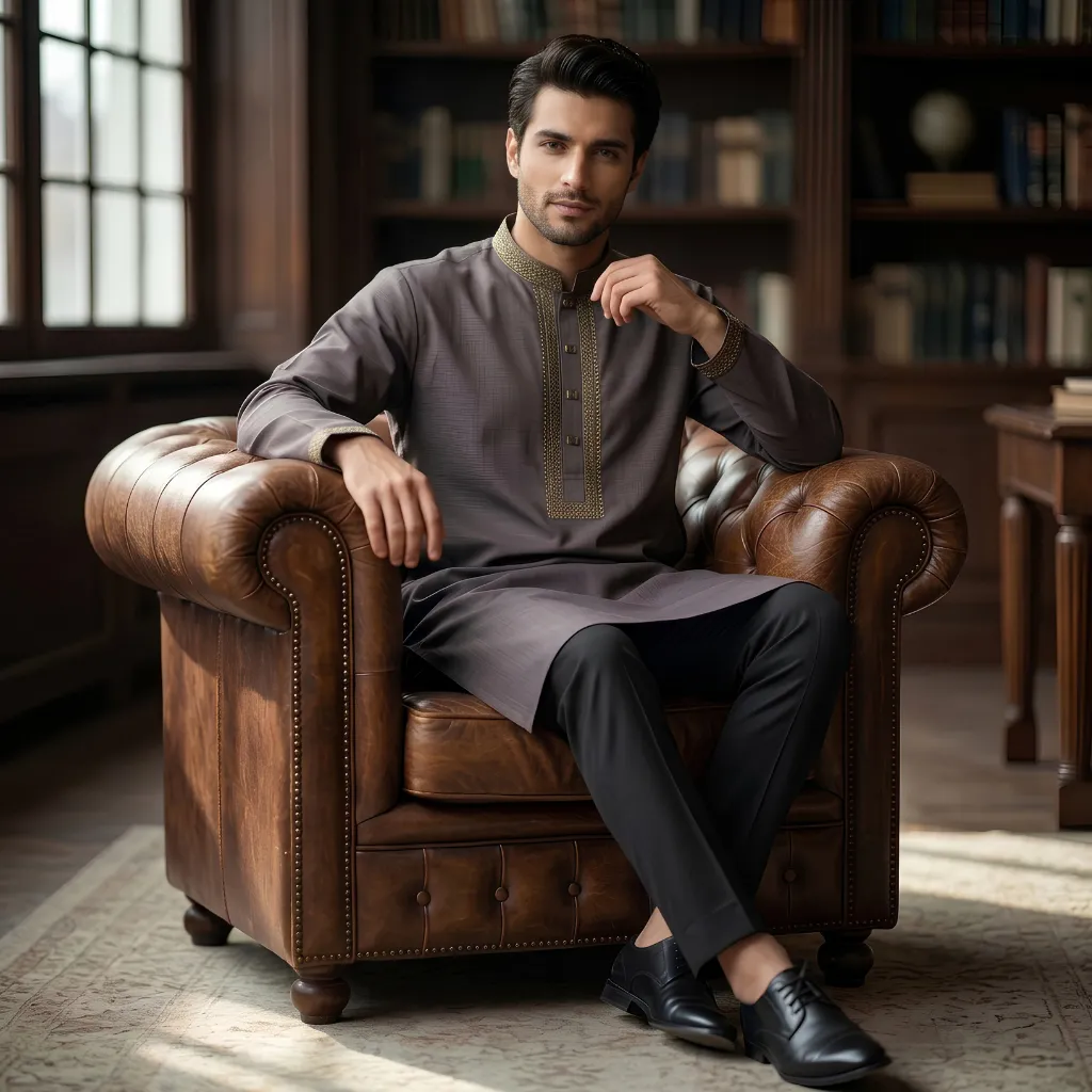 Signature Men's Embroidered Panjabi - Taupe