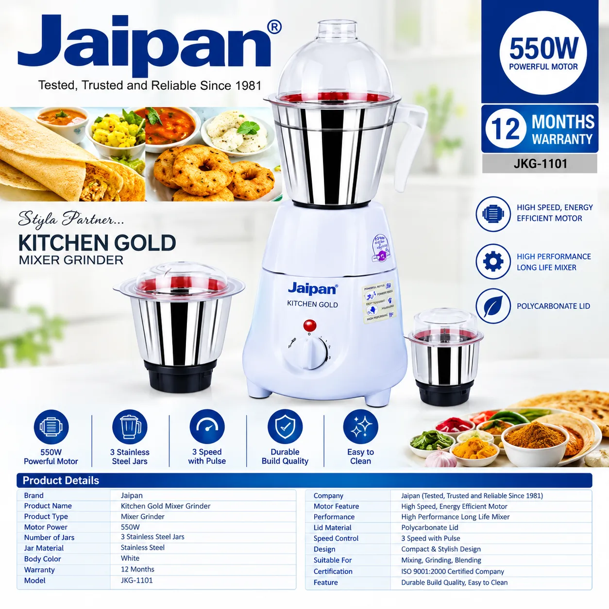 Jaipan Kitchen Gold 3 in 1 Grinder and Blender 550 Watt with 3 Mixer Jars Stainless Steel Jar & Blade White & Silver India