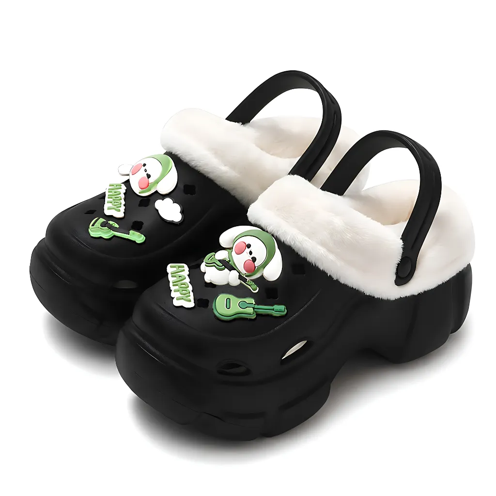 Black Winter Fleece Lined Clogs for Women - Light Green