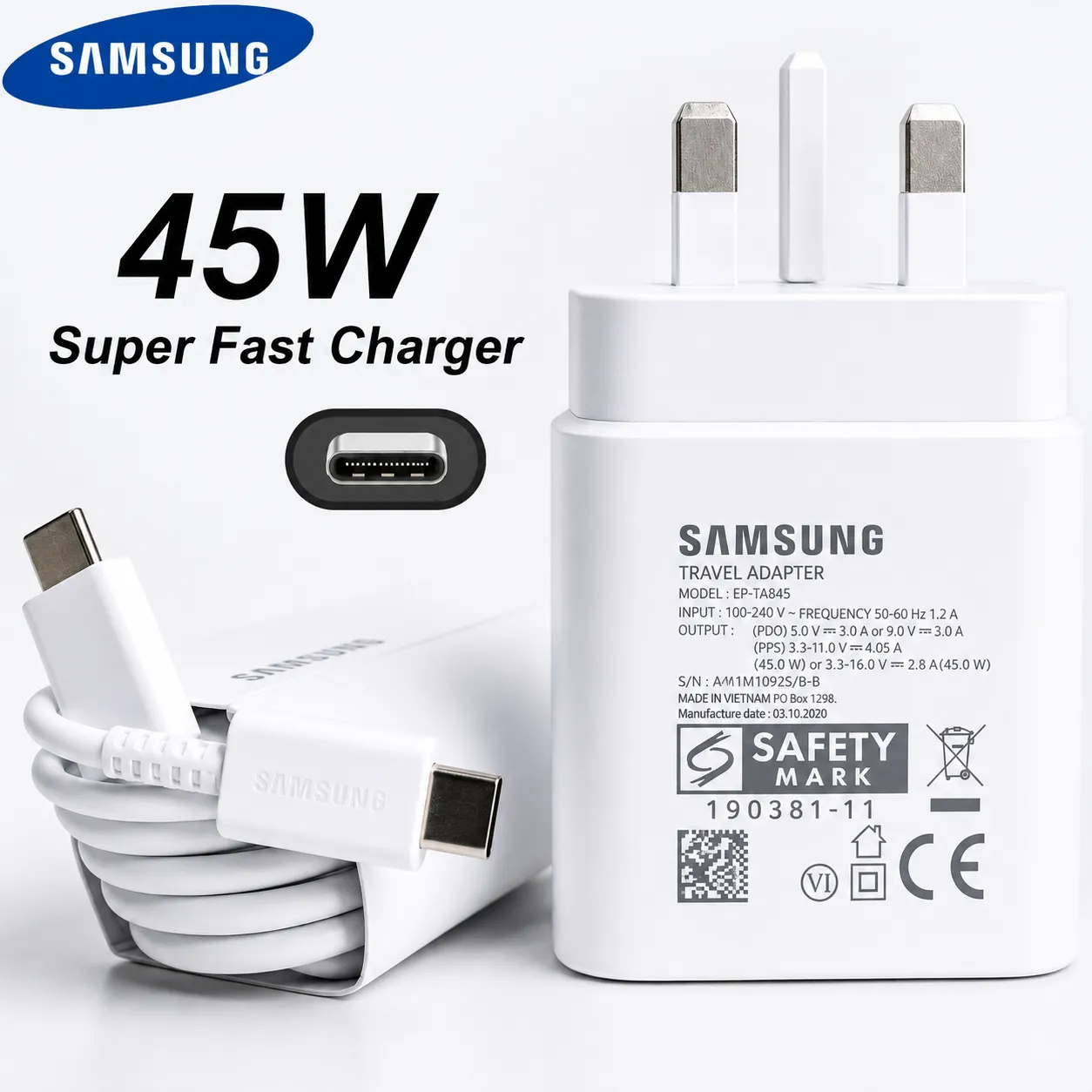 Samsung 45w PD Power Adapter with Type-C Cable 3 Pin